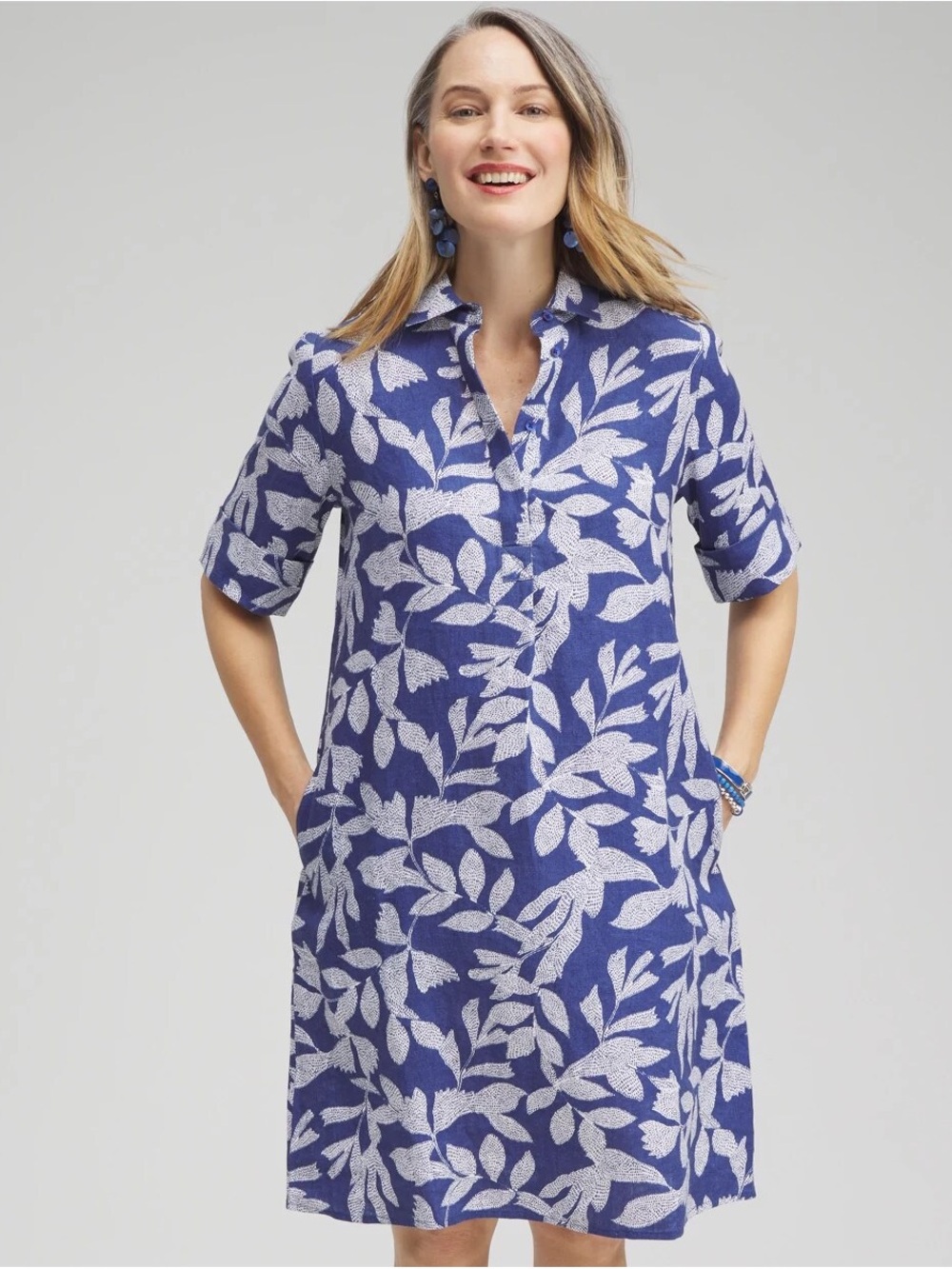 Chico's Linen Leaf Print Popover Dress Size 6